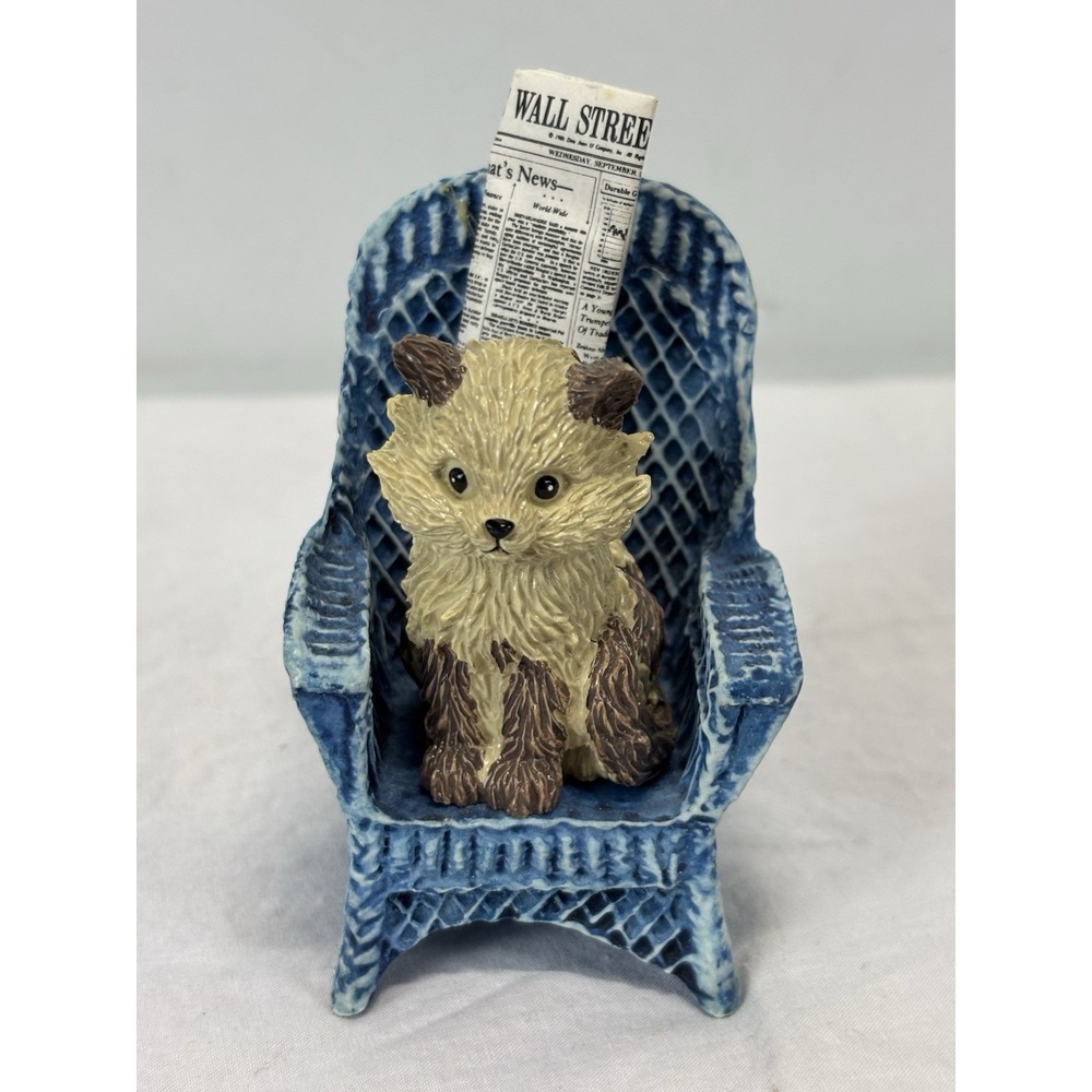 Mini Resin Cat Figure On Wicker Chair With Newspaper Crazy Cat Lady 3"